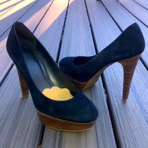 Stuart Weitzman platform stacked brown heel pump navy suede